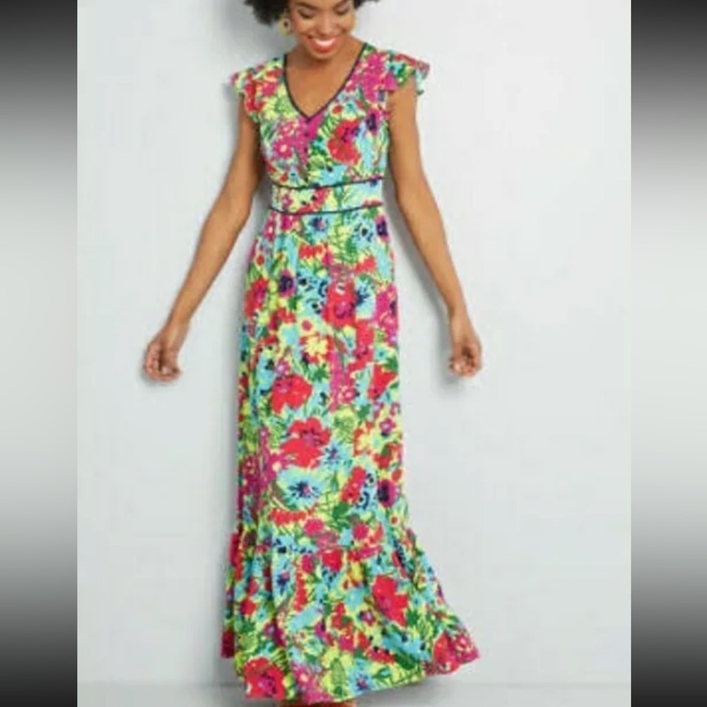 Modcloth 'Eyes On You' Maxi Dress Multicolor Floral Flutter Sleeve Size Medium - Picture 3 of 11